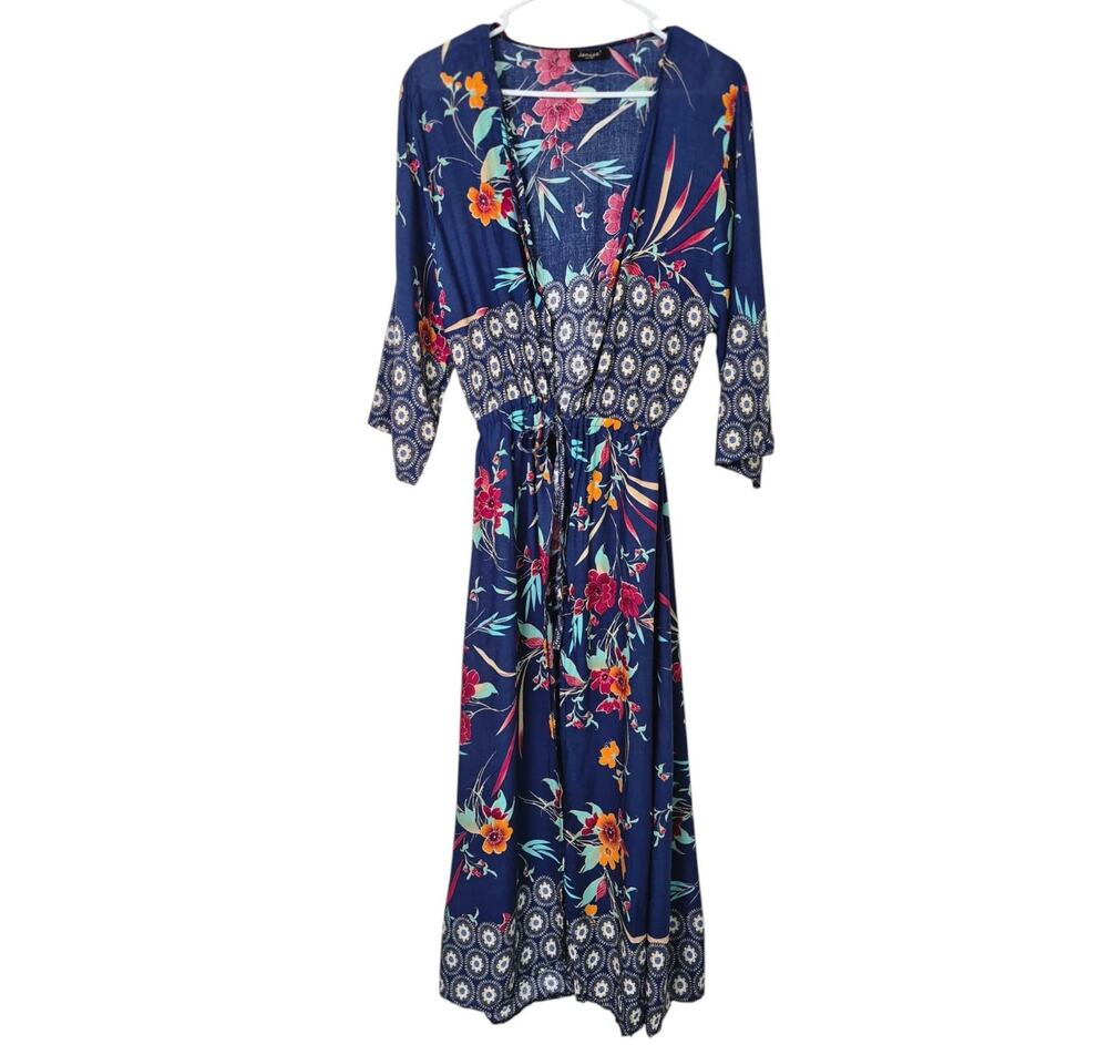 Janice Kimono Maxi Length One Size Mixed Print Drawstring Navy Beach Festival